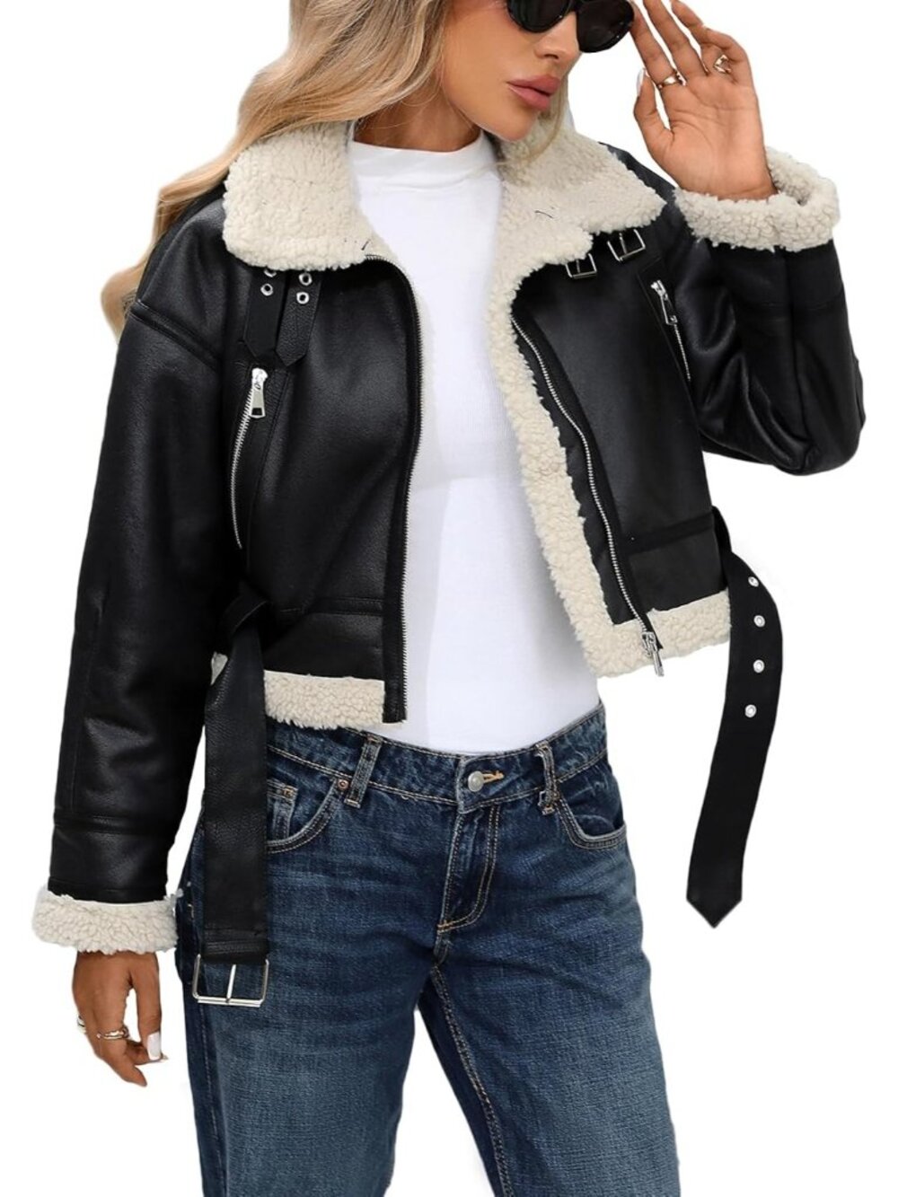 Women Brown Black Faux Lamb Leather Short Jacket Loose Lapel Zipper Bomber Coat